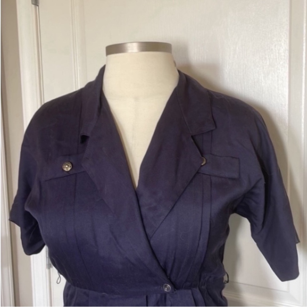 Vintage StudioI Shirt Dress Navy Blue Collar Utility Button Down 80s USA Pockets - Picture 6 of 17